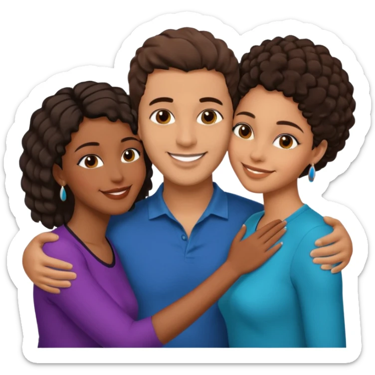  middle Eastern man with short brown hairwith two black african women both are African one is medium tone skin black and one is medium tone black with african hair styles. and they are all smiling and putting their arms around each other and kissing sexually  sticker