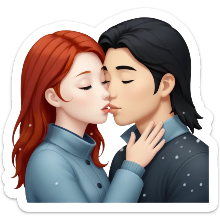long black haired asian guy kisses redhead girl in snowstorm sticker