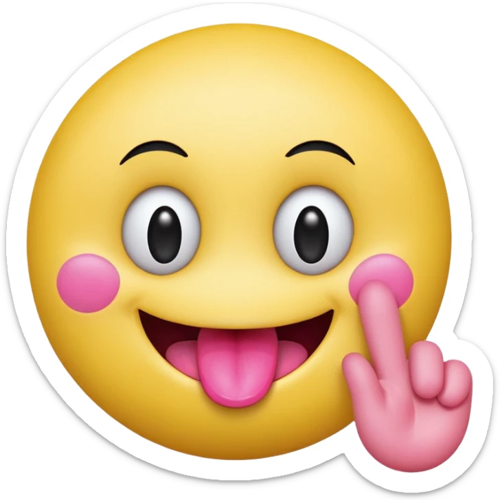 The image is a digital illustration of a yellow smiley face with big, round eyes and a big smile. The face is holding a pink tongue sticking out and making a 67 with its fingers. Above the face, The background is white. Like this but get rid of the text sticker