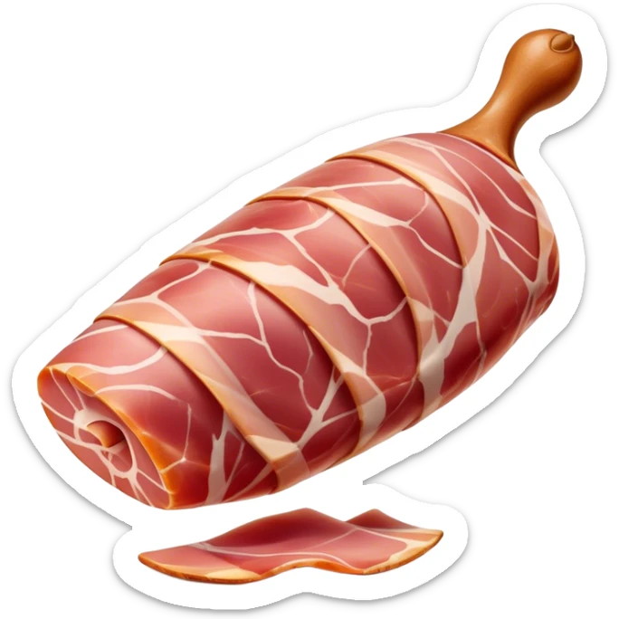 Jamón Serrano Cinematic Realistic Jamón Serrano Dish Emoji, depicted as a prominent leg of cured ham with visible marbling, rendered with rich textures and dynamic, appetizing lighting. sticker