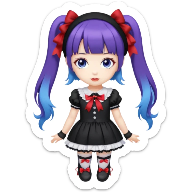 Chibi kawaii, violet eyes, black-blue twin tails, red ribbons, red beanie, black & white lolita dress with red accents, white thigh-highs, black mary janes, cute aesthetic. sticker