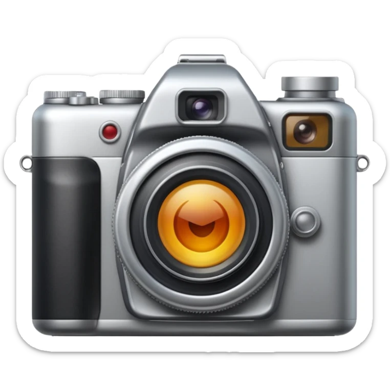 Minimal emoji icon of a modern metalic camera, front view, simple shapes, realistic lens,  sticker