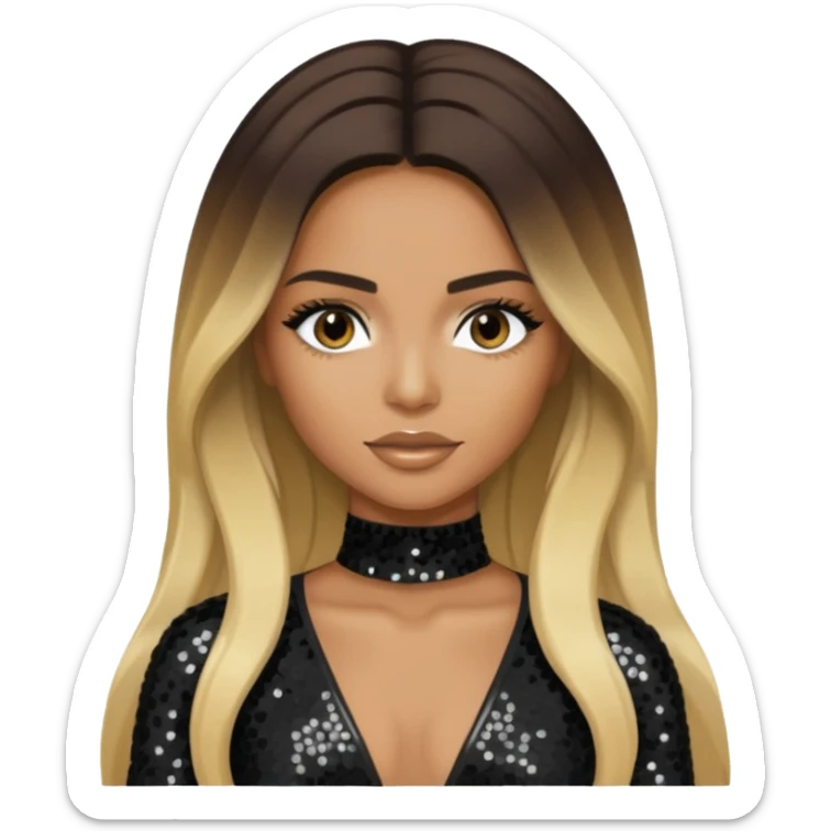 Ciara with long dark brown hair with blonde highlights, black sequin outfit sticker