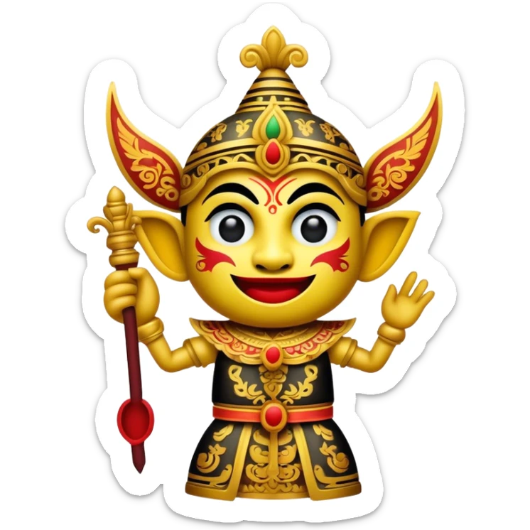 Cinematic Realistic Wayang Kulit Pop Culture Emoji, featuring a vibrant shadow-puppet theatre scene rendered with dynamic textures and artistic, traditional lighting. sticker