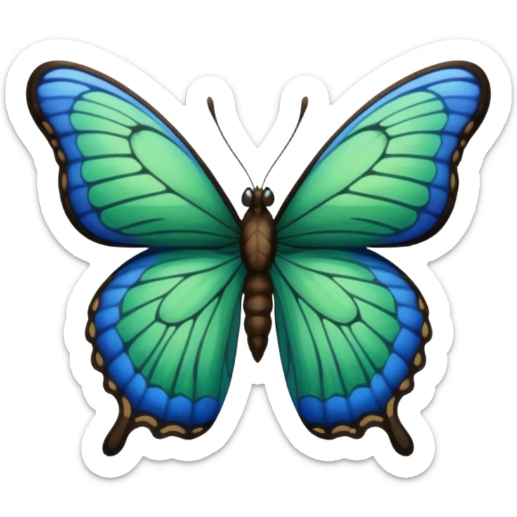 A butterfly with blue edges, green wings, and a black body, Between the wings brown  sticker