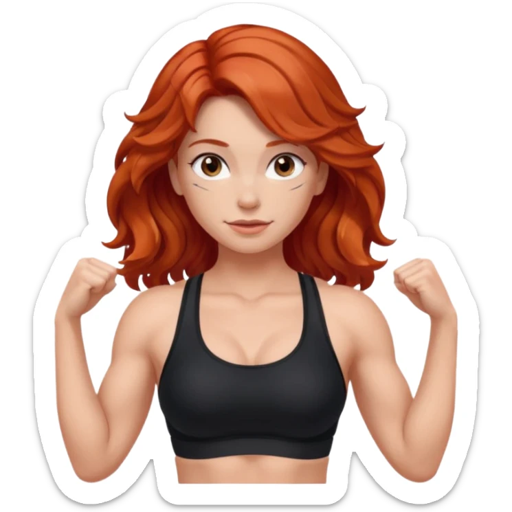 Athletic girl with long light red wavy hair and smaller boobs bigger arms. middle part and black sports bra sticker