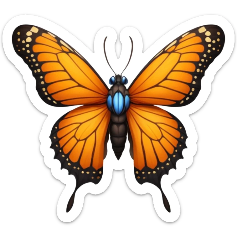 moth with blue eyes mornach butterfly wings orange and yellow with godzilla eyes on the top of the wings brown tail black Moth Insect Arms and legs sticker