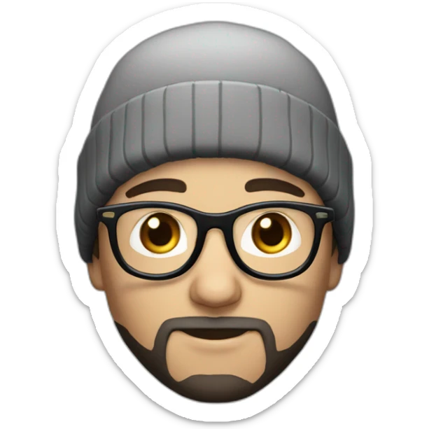 white young man with round glasses and black straight short hair and short black thin beard with a beanie hat sticker