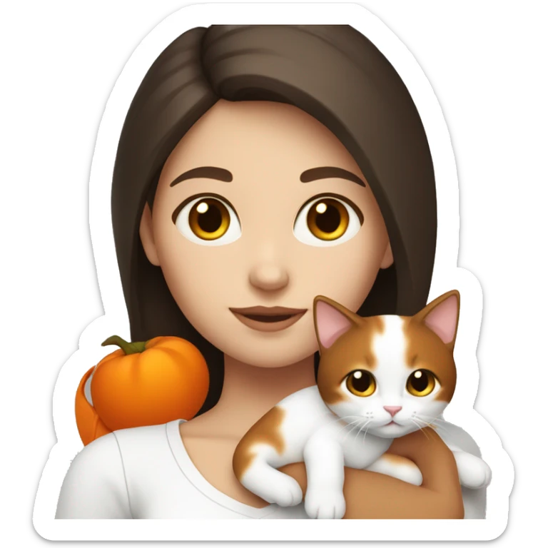 a white girl with dark brown medium hair holding a white and orange kitty  sticker