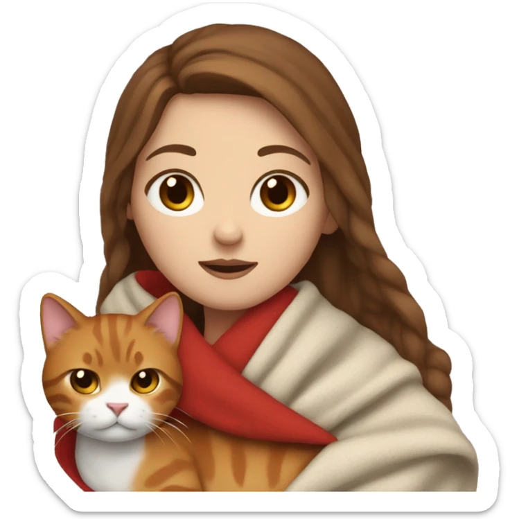 A white girl with brown hair wrapped in a blanket with a red cat sticker