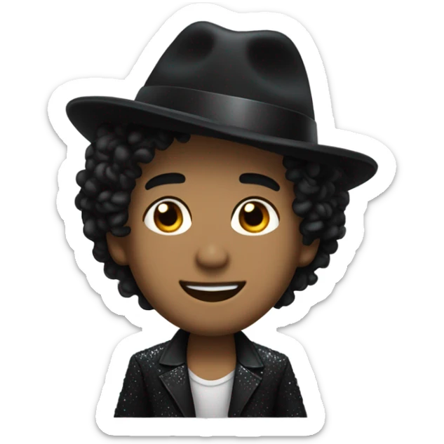A man with light skin a small nose curly black hair with a curl coming down his face with a sparkly black jacket and a black fedora sticker
