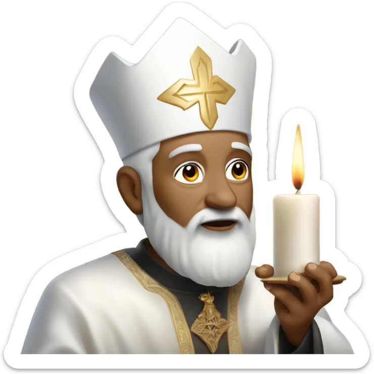 White priest with oratorical floats and hat, who is trying to lit up a candle. The priest is around 55 years old and has not beard.  sticker