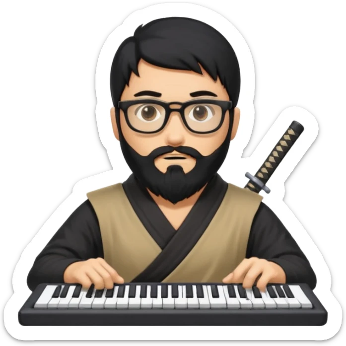 Man with black hair and beard wearing glasses in a ninja costume. Keep the top left version, make the beard longer and replace the sword with a keyboard  sticker