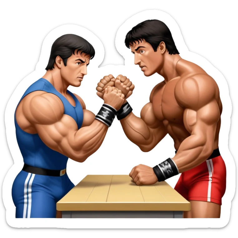 Iconic scene from the movie Over the Top, featuring Sylvester Stallone in a fierce arm wrestling match, symbolizing powerlifting. Stallone flexes his muscles while gripping the arm of his opponent, the intense battle for strength showcased with dramatic lighting. Transparent background. sticker