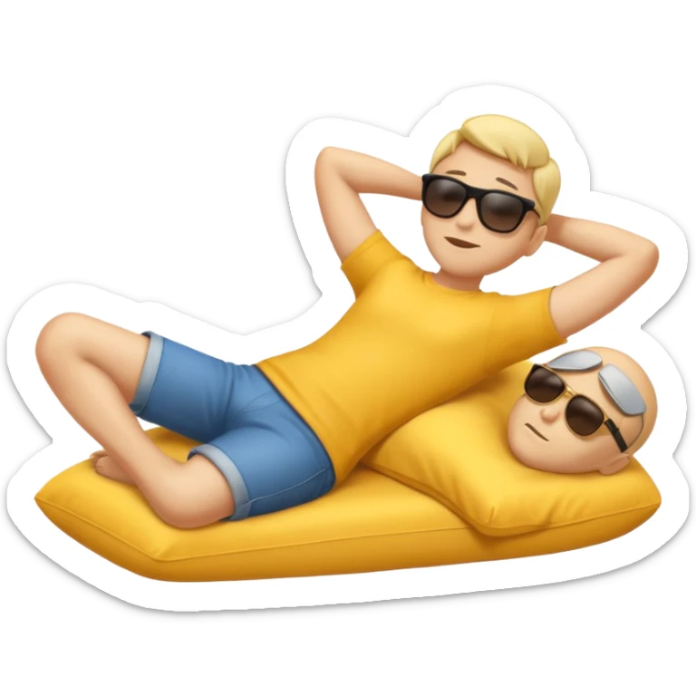 A full-body emoji man, with classic yellow skin tone, lying down or leaning back in a relaxed pose. He is wearing sunglasses and has both arms behind his head. The style should match standard emoji designs (like Apple sticker