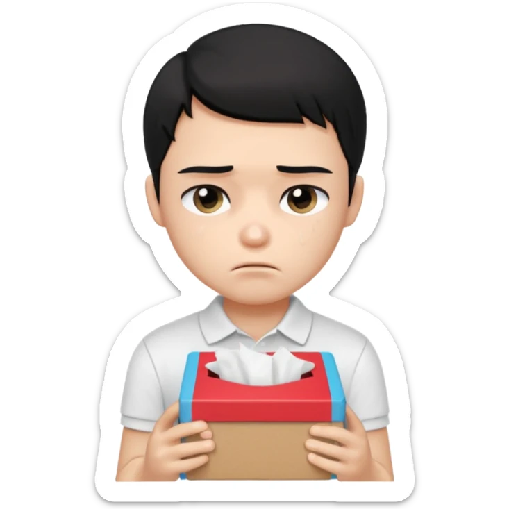 generate a pretty bratz boy with black hair, wearing a plain white polo shirt. Looking sad, holding a box of tissues sticker