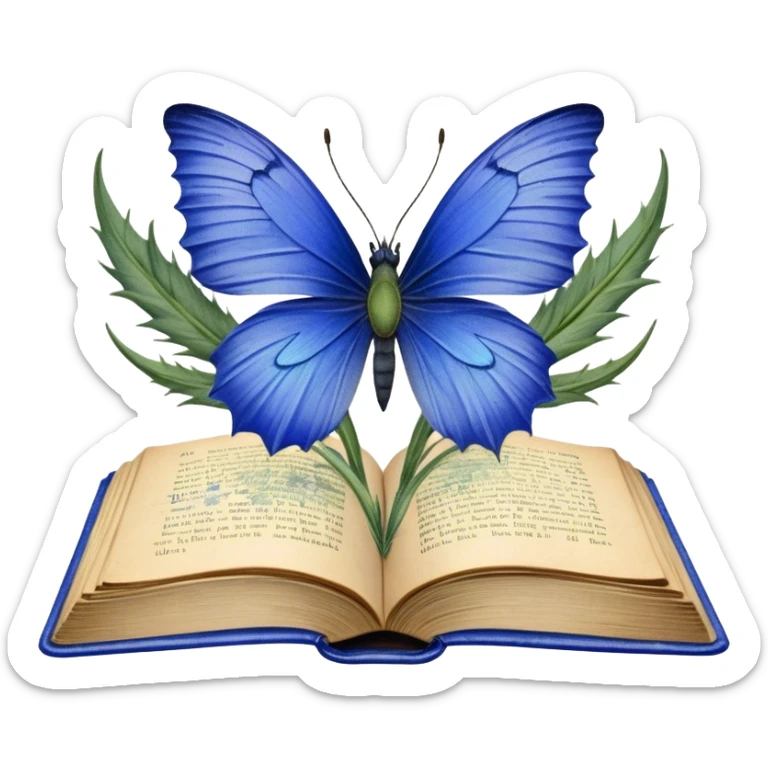 A vintage book with a worn blue cover, open to reveal pressed blue cornflowers and a resting green butterfly. sticker