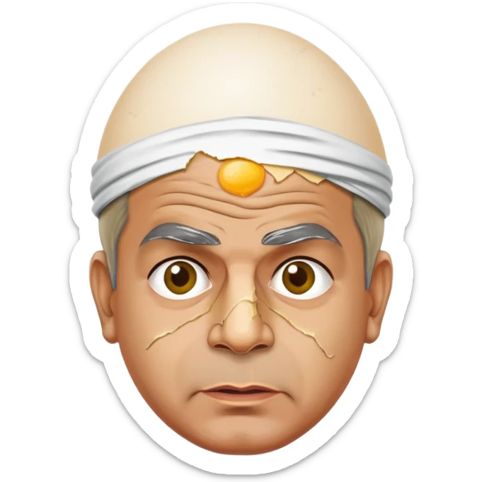 Pakistani Prime Minister Shehbaz Sharif with an egg cracked on his head, expressive and humorous sticker