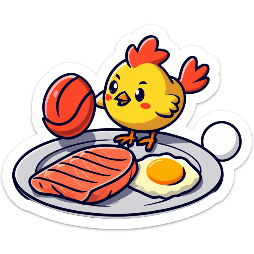 Cute sticker of a floating plate with a large chicken breast as the main focus, a red meat steak, smaller salmon fillet, and tiny egg, orbiting a DNA symbol, with energy flowing to a strong muscular cartoon figure sticker