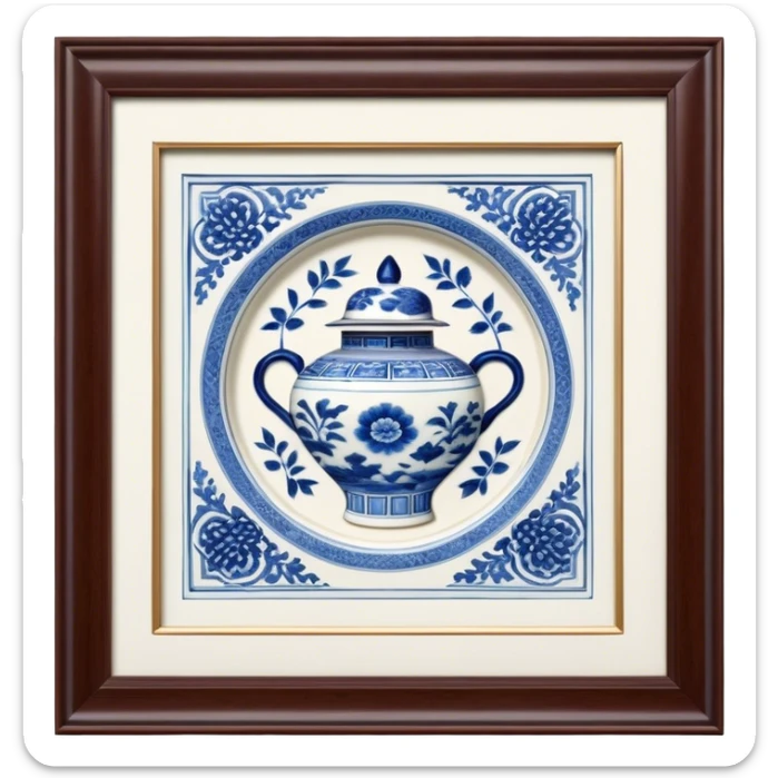 Cinematic Realistic image of exquisite blue and white porcelain, rendered with delicate, intricate patterns and fine textures, showcased against a classic Chinese backdrop with soft, refined lighting sticker