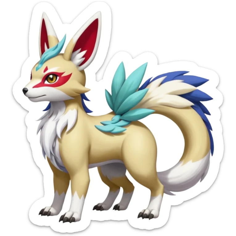 Colorful Skilled Adept Graceful Asian Painted WereGarurumon-Meloetta-Renamon-Zangoose-fusion-hybrid-creature (full body) sticker