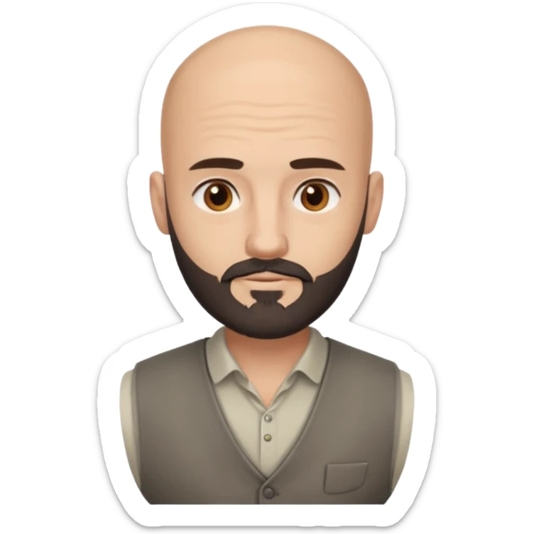 bald headed brown eyes groom with dark beard cream shirt grey vest sticker