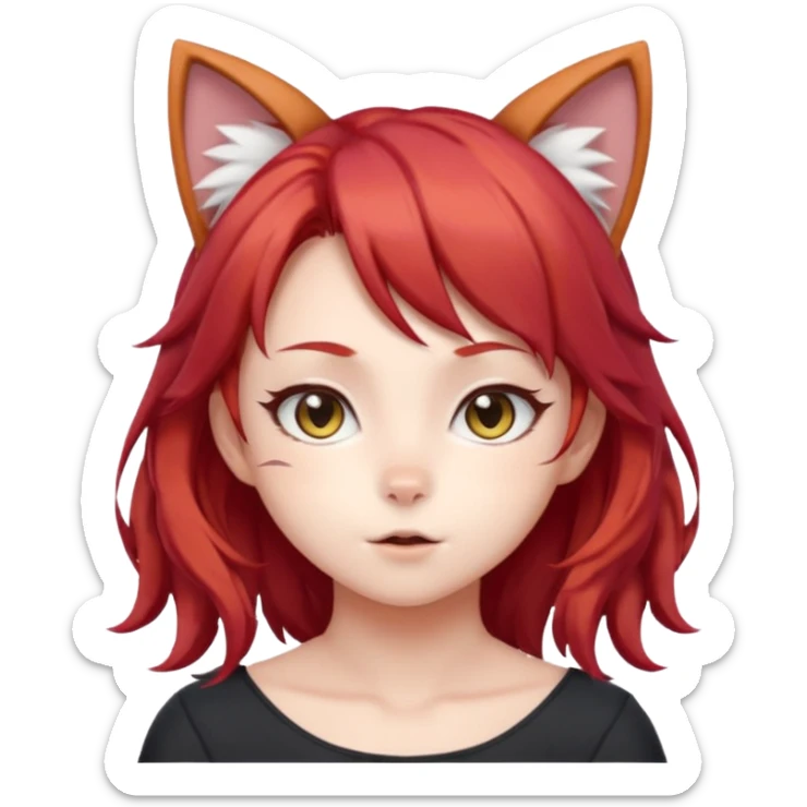 cute anime cat-girl with cat ears, red blowing hair sticker