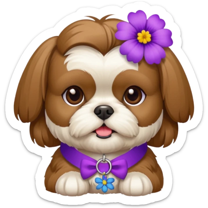 brown and white female shih tzu with purple flower collar  sticker