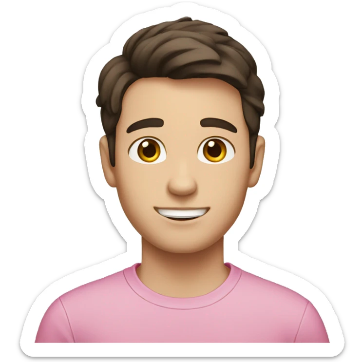 White boy with dark brown hair flipped to the side. Pink shirt.  sticker