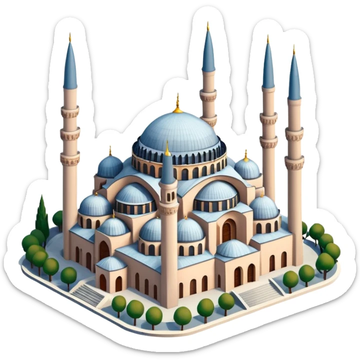 Isometric illustration of Istanbul, featuring Hagia Sophia with its large central dome and four tall minarets, paint photorealistic style sticker