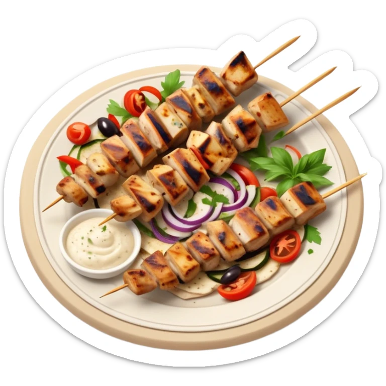 cinematic-realistic-souvlaki-dish-emoji,-showcasing-skewered,-2 grilled-chicken-with-mediterranean-spices-rendered-with-dynamic-textures-and-warm,-appetizing-lighting on pita bread on a plate sticker