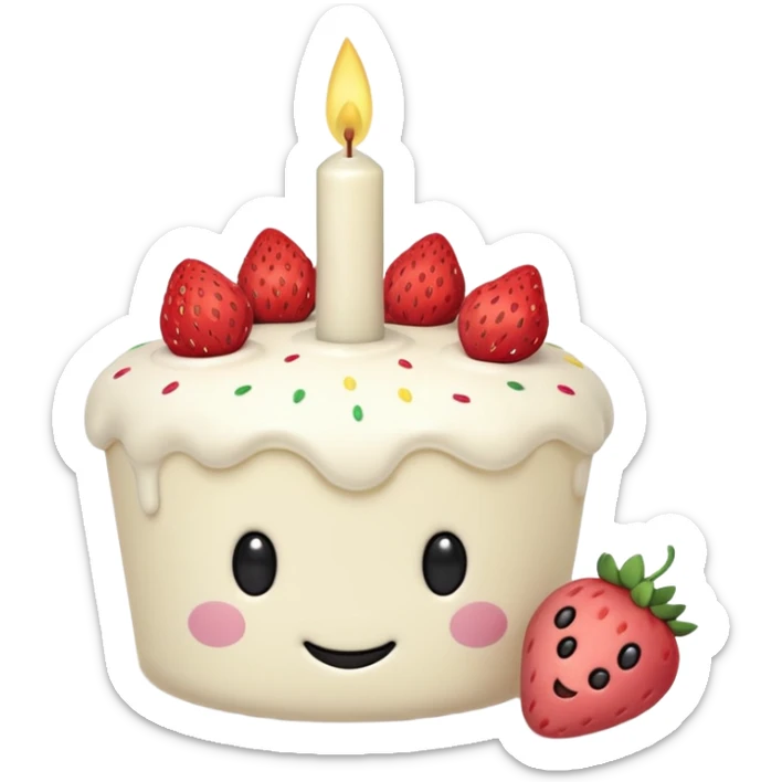 Jellycat vanilla cake with white frostting and strawberries on top with one candle with smiley face and legs sticker
