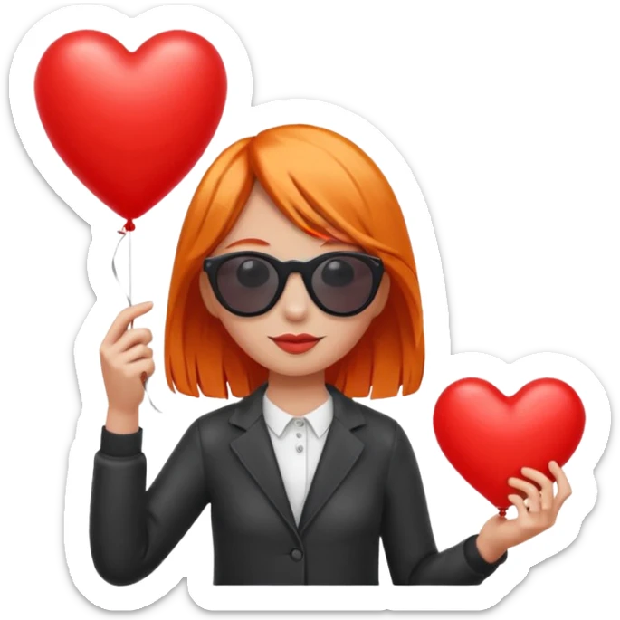 orange hair girl with sun glasses holding red heart balloon sticker
