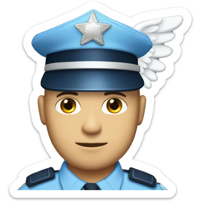 A WHITE Police man bald with blue uniform and cap with Big ANGEL WINGS sticker