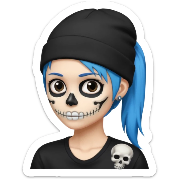 Spiky blue hair in a side ponytail wearing a black beanie with a skeleton logo on the front sticker