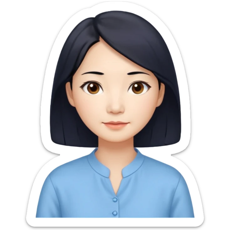 Chinese woman 50 years old, gentle caring expression, shoulder-length black hair, brown eyes, pastel blue blouse sticker