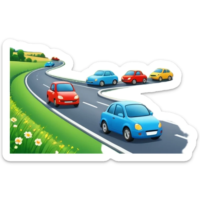 A busy highway with cute fast-moving cars, surrounded by green fields and distant mountains under a bright blue sky sticker