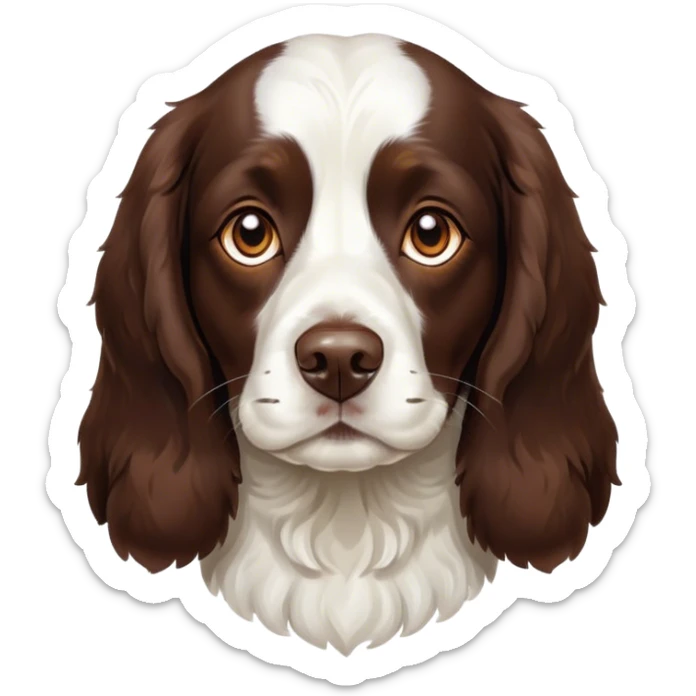 Cinematic Noble Springer Spaniel Portrait Emoji, Poised and regal, with a medium build and a glossy, well-groomed Fur of rich liver and white, deep-set soulful brown eyes, Simplified yet sharp and sophisticated features, highly detailed, glowing with a soft, dignified glow, high shine, intelligent and alert, stylized with an air of grace, focused and attentive, soft glowing outline, capturing the essence of a watchful and confident companion, so majestic it feels as though it could bound out of the screen with effortless authority! sticker