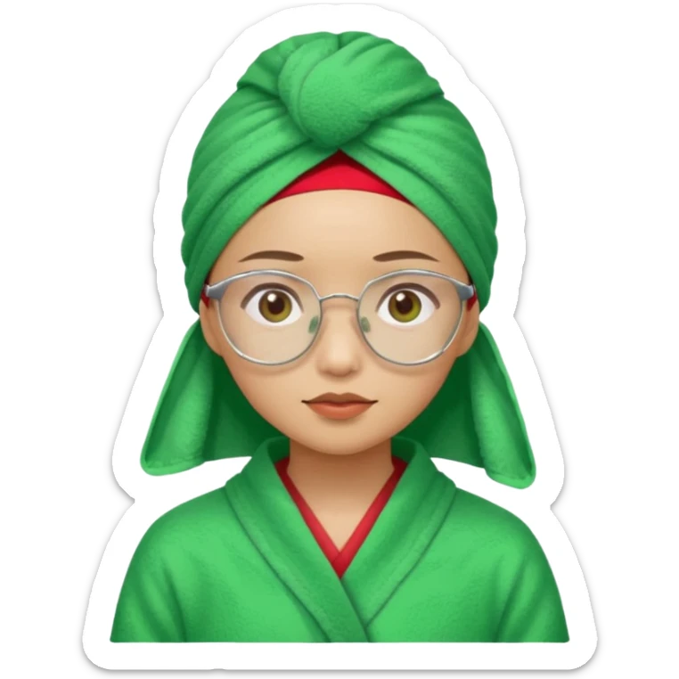 Asian woman wearing a green towel in her head with a broken glasses on her face in red pajamas sticker