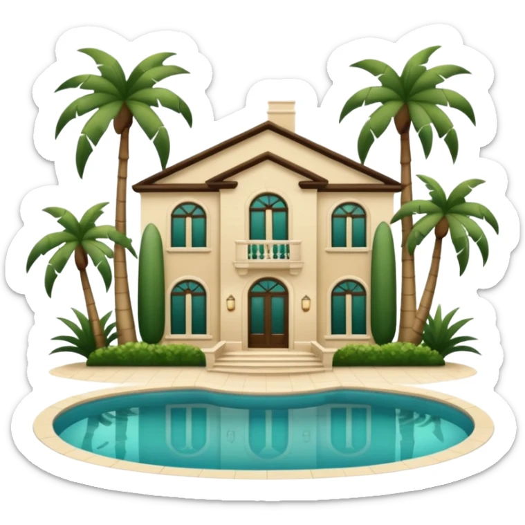 light beige luxurious villa with swimming pool and dark green palm trees, emoji style sticker
