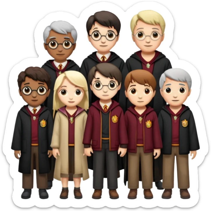 make bitlife kind of bitmojies of the harry potter universe. Make different kind of wizards and witches with different ages. make the clothes look like the one from hp sticker