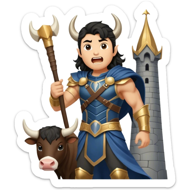 vikingo con armadura de Asgard, con cuerno de vaca, pelo negro ondulado, de pie, grito de guerra en torre de Asgard. sticker