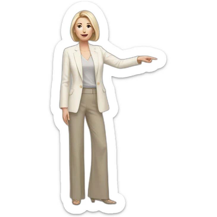 Full height Actively gesturing with hands pale skin woman with ash blonde Straightened bob Hair, White Spacious classical jacket, beige palazzo Arrow pants and gray blouse sticker