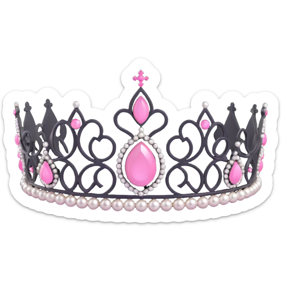 realistic 3D gothic tiara with pearls, black and pink accents, minimal and regal sticker