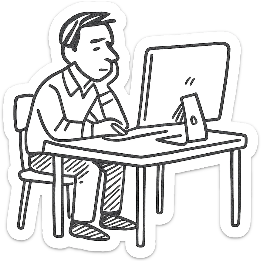 a man sitting at the table with an imac on it, a man sits in a very thoughtful pose sticker