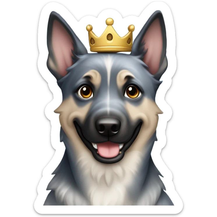A smiling malinois dark blue merle color, without red and white color with a crown on his head sticker