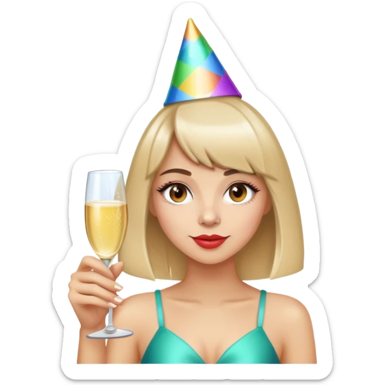 Birthday girl partying with drinks and lights and has brow banged hair sticker