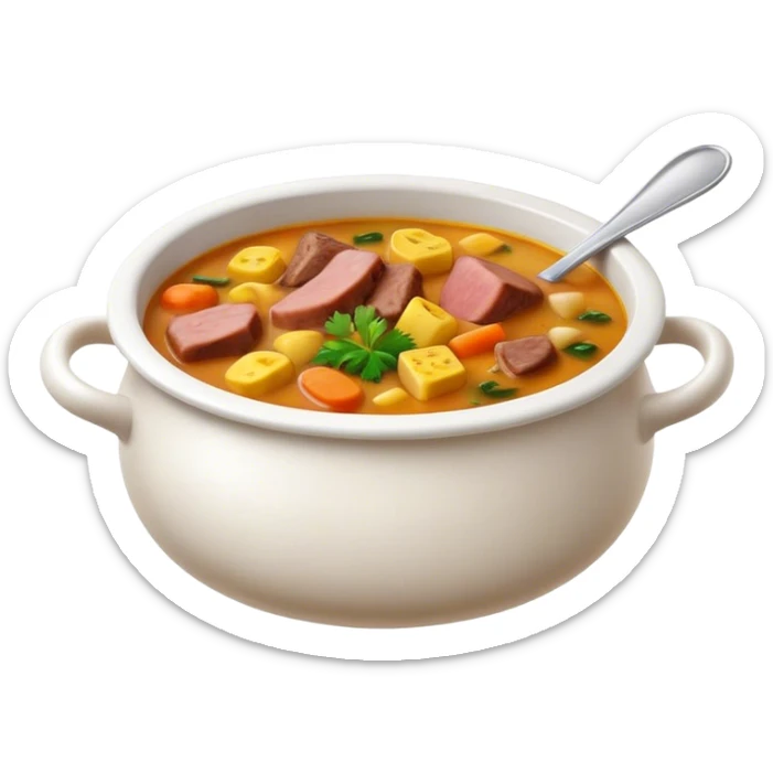 Cinematic Realistic Sancocho Soup Dish Emoji, featuring a rich, hearty stew with diverse meats and vegetables rendered with lifelike detail and warm, comforting lighting. sticker