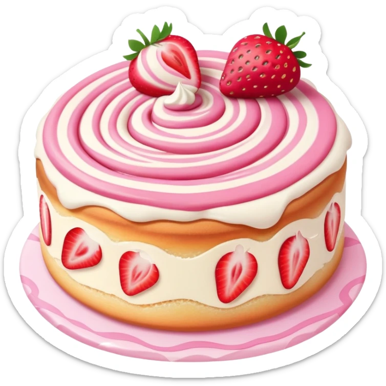 A fluffy strawberry cream roll cake with pink swirl and sliced strawberries on top，kawaii dessert style sticker