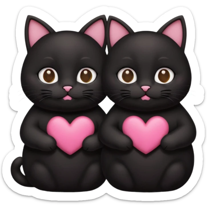 two fat cute black cats love, closed mouth, black ears, pink heart sticker